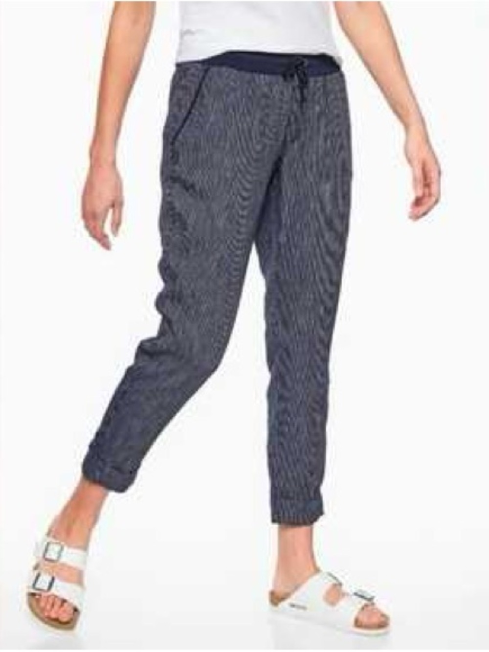 Athleta Navy Blue Striped Bali Linen Ankle Pants
